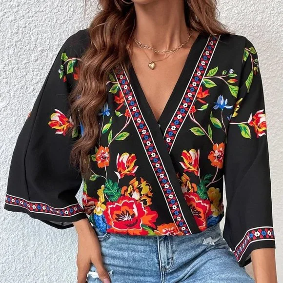 Black Boho Womens Floral Print Batwing Sleeve Wrap Blouse - Picture 4 of 5